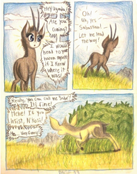 Size: 1080x1368 | Tagged: safe, artist:thefriendlyelephant, oc, oc only, oc:uganda, comic:sable story, africa, animal in mlp form, antelope, cloven hooves, comic, dik dik, giant sable antelope, grass, hill, horns, mountain, savanna, traditional art