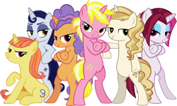 Size: 6568x3949 | Tagged: safe, artist:ironm17, character:cayenne, character:citrus blush, character:moonlight raven, character:pretzel twist, character:sunshine smiles, character:sweet biscuit, species:pony, species:unicorn, absurd resolution, alternate mane six, bedroom eyes, bipedal, crossed arms, female, fresh princess and friends' poses, fresh princess of friendship, group, looking at you, mare, pose, simple background, sitting, smiling, transparent background, vector