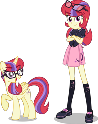Size: 6000x7575 | Tagged: safe, artist:orin331, character:moondancer, species:pony, species:unicorn, dancerverse, my little pony:equestria girls, absurd resolution, alternate hairstyle, alternate universe, clothing, crossed arms, cute, dancerbetes, duo, female, glasses, human ponidox, looking at you, mare, moondancercorn, ponidox, raised hoof, self ponidox, shoes, skirt, socks