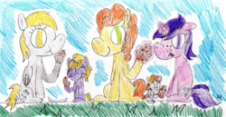 Size: 1265x652 | Tagged: safe, artist:ptitemouette, character:amethyst star, character:carrot top, character:derpy hooves, character:dinky hooves, character:golden harvest, character:sparkler, oc, oc:bubble top, parent:carrot top, parent:derpy hooves, parents:derpytop, species:pony, ship:derpytop, family, female, food, lesbian, muffin, shipping, traditional art