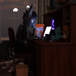 Size: 1500x1500 | Tagged: safe, artist:tahublade7, character:derpy hooves, oc, oc:inkjet, species:anthro, species:mule, species:pony, 3d, 4chan cup, cereal, computer, daz studio, female, food, lava lamp, mare, plushie, safest hooves, shoes, sneakers