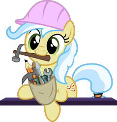 Size: 1130x1185 | Tagged: safe, artist:punzil504, character:ambrosia, species:earth pony, species:pony, clothing, cute, female, hammer, hard hat, hat, mare, pencil, screwdriver, simple background, smiling, solo, to saddlebags and back again, transparent background, vector, wrench