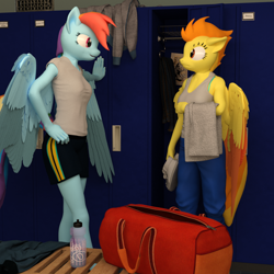 Size: 1500x1500 | Tagged: safe, artist:tahublade7, character:rainbow dash, character:spitfire, species:anthro, species:pony, ship:spitdash, 3d, clothing, commission, daz studio, duffle bag, female, flirting, lesbian, locker room, lockers, mare, shipping, shorts, towel, water bottle