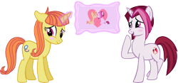 Size: 4655x2171 | Tagged: safe, artist:ironm17, character:cayenne, character:citrus blush, species:pony, absurd resolution, blushing, citruyenne, eyes closed, female, lesbian, love, mare, pillow, shipping, simple background, smiling, transparent background, vector
