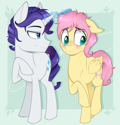 Size: 1158x1200 | Tagged: safe, artist:higgly-chan, character:fluttershy, character:rarity, species:pegasus, species:pony, species:unicorn, ship:rarishy, blushing, butterscotch, buttersive, colored pupils, commission, duo, elusive, floppy ears, gay, magic, male, raised hoof, rule 63, shipping, smiling, stallion, telekinesis