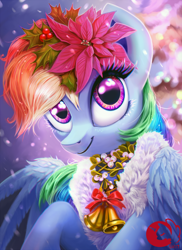 Size: 800x1100 | Tagged: safe, artist:sorcerushorserus, character:rainbow dash, species:pegasus, species:pony, episode:hearth's warming eve, g4, my little pony: friendship is magic, beautiful, bell, bust, female, flower, flower in hair, holly, mare, mistletoe, poinsettia, portrait, solo