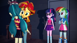 Size: 1920x1080 | Tagged: safe, artist:razethebeast, character:juniper montage, character:rainbow dash, character:sunset shimmer, character:twilight sparkle, character:twilight sparkle (scitwi), species:eqg human, my little pony:equestria girls, spoiler:eqg specials, 3d, clothing, compression shorts, crossed arms, glasses, hug, pigtails, skirt, source filmmaker