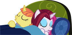Size: 5097x2512 | Tagged: safe, artist:ironm17, character:cayenne, character:citrus blush, species:pony, species:unicorn, bed, citruyenne, eyes closed, female, lesbian, mare, pillow, shipping, simple background, sleeping, transparent background, vector