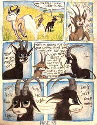 Size: 1072x1384 | Tagged: safe, artist:thefriendlyelephant, oc, oc only, oc:sabe, oc:uganda, comic:sable story, acacia tree, africa, animal in mlp form, annoyed, antelope, comic, dialogue, giant sable antelope, grass, horns, laughing, pronking, savanna, speech bubble, springbok, traditional art