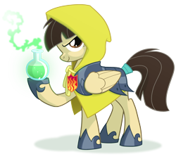 Size: 2100x1900 | Tagged: safe, artist:equestria-prevails, character:wild fire, species:pegasus, species:pony, alchemist, alchemy, armor, badge, female, flask, game of thrones, hood, mare, profile, pun, simple background, smiling, smirk, solo, transparent background