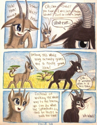 Size: 1068x1380 | Tagged: safe, artist:thefriendlyelephant, oc, oc only, oc:sabe, oc:uganda, comic:sable story, acacia tree, africa, animal in mlp form, annoyed, antelope, cloven hooves, comic, dialogue, giant sable antelope, grass, horns, laughing, savanna, speech bubble, traditional art