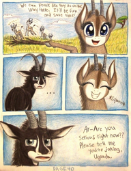 Size: 1080x1404 | Tagged: safe, artist:thefriendlyelephant, oc, oc only, oc:sabe, oc:uganda, comic:sable story, acacia tree, africa, animal in mlp form, antelope, cloven hooves, comic, cute, grass, horns, log, pronking, savanna, springbok, squee, traditional art