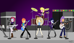 Size: 9272x5399 | Tagged: safe, artist:ironm17, character:cayenne, character:citrus blush, character:moonlight raven, character:pretzel twist, character:sunshine smiles, character:sweet biscuit, my little pony:equestria girls, absurd resolution, band, bass guitar, boots, clothing, cute, drums, drumsticks, electric guitar, equestria girls-ified, eyes closed, female, fingerless gloves, gloves, goth, group, guitar, keyboard, keytar, long gloves, microphone, musical instrument, ripped stockings, sandals, shirt, shoes, short-sleeved sweater, singing, skirt, sleeveless dress, stage, t-shirt, trousers