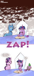 Size: 1079x2438 | Tagged: safe, artist:saturdaymorningproj, character:spike, character:starlight glimmer, character:trixie, character:twilight sparkle, species:dragon, book, comic, cup, derp, female, frown, micro, shrunk, table, teacup, tiny ponies, unamused