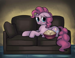 Size: 1810x1418 | Tagged: safe, artist:mewball, character:pinkie pie, species:earth pony, species:pony, couch, female, floppy ears, food, mare, popcorn, prone, sad, solo