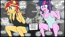 Size: 980x563 | Tagged: safe, artist:pshyzomancer, edit, character:sunset shimmer, character:twilight sparkle, character:twilight sparkle (scitwi), species:eqg human, ship:scitwishimmer, ship:sunsetsparkle, my little pony:equestria girls, /fit/, armpits, color edit, colored, exercise, female, gym, implied princess twilight, implied twilight sparkle, lesbian, shipping, text, tfw, weight lifting, weights, workout, workout outfit