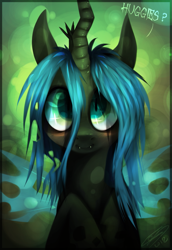 Size: 813x1183 | Tagged: safe, artist:imalou, character:queen chrysalis, species:changeling, abstract background, blushing, changeling queen, cute, cutealis, dialogue, fangs, female, looking at you, nymph, smiling, solo
