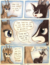Size: 1076x1408 | Tagged: safe, artist:thefriendlyelephant, oc, oc only, oc:sabe, oc:uganda, comic:sable story, animal in mlp form, antelope, cloven hooves, comic, dialogue, giant sable antelope, horns, speech bubble, traditional art