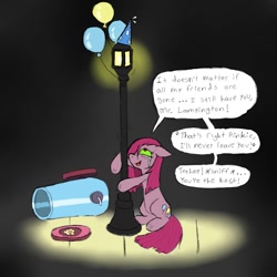 Size: 800x800 | Tagged: dead source, safe, artist:ichibangravity, character:pinkamena diane pie, character:pinkie pie, species:earth pony, species:pony, balloon, broken, crying, greatest fear, lamppost, party cannon, sad, sombra eyes, streetlight
