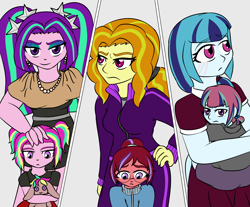 Size: 2414x2000 | Tagged: safe, artist:jolliapplegirl, character:adagio dazzle, character:aria blaze, character:sonata dusk, oc, oc:ardent melody, oc:rose red, oc:sour note, parent:adagio dazzle, parent:aria blaze, parent:princess cadance, parent:sonata dusk, parent:sour sweet, parent:sunset shimmer, parents:sonatasweet, parents:sunsagio, species:siren, my little pony:equestria girls, clothing, equestria girls-ified, female, magical lesbian spawn, male, mother and daughter, mother and son, next generation, offspring, siblings, story in the source