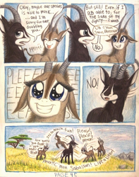 Size: 1048x1332 | Tagged: safe, artist:thefriendlyelephant, oc, oc only, oc:sabe, oc:uganda, comic:sable story, acacia tree, africa, animal in mlp form, annoyed, antelope, begging, cloven hooves, comic, cute, dialogue, floppy ears, giant sable antelope, horns, mountain, playful, pleading, pronking, puppy dog eyes, rock, savanna, speech bubble, tongue out, traditional art