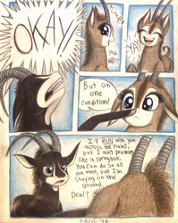 Size: 1080x1360 | Tagged: safe, artist:thefriendlyelephant, oc, oc only, oc:sabe, oc:uganda, comic:sable story, animal in mlp form, antelope, boop, comic, cute, excited, gasp, giant sable antelope, horns, okay, traditional art, yay, yelling