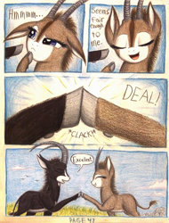 Size: 1080x1424 | Tagged: safe, artist:thefriendlyelephant, oc, oc only, oc:sabe, oc:uganda, comic:sable story, africa, animal in mlp form, antelope, cloud, cloven hooves, comic, cute, dialogue, fluffy, giant sable antelope, hoofbump, horns, mountain, savanna, speech bubble