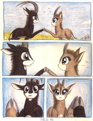 Size: 1068x1392 | Tagged: safe, artist:thefriendlyelephant, oc, oc only, oc:sabe, oc:uganda, species:bird, comic:sable story, africa, animal in mlp form, antelope, cloud, cloven hooves, comic, cute, eye contact, giant sable antelope, grass, horns, looking at each other, mountain, savanna, shipping, traditional art