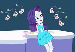 Size: 6640x4664 | Tagged: safe, artist:punzil504, character:rarity, episode:discordant harmony, episode:make up shake up, eqg summertime shorts, g4, my little pony: equestria girls, my little pony: friendship is magic, my little pony:equestria girls, absurd resolution, clothing, counter, cup, dress, female, ginseng teabags, leaning back, lidded eyes, solo, teacup