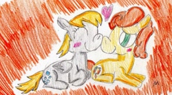 Size: 855x473 | Tagged: safe, artist:ptitemouette, character:carrot top, character:derpy hooves, character:golden harvest, species:pony, ship:derpytop, female, heart, lesbian, shipping, traditional art