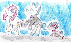 Size: 1390x826 | Tagged: safe, artist:ptitemouette, character:fancypants, character:fleur-de-lis, oc, oc:bow tie, parent:fancypants, parent:fleur-de-lis, parents:fancyfleur, species:pony, ship:fancyfleur, dirty, family, female, filly, male, mud, offspring, shipping, straight, this will end in tears, traditional art