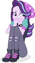 Size: 2095x3812 | Tagged: safe, artist:punzil504, character:starlight glimmer, equestria girls:mirror magic, g4, my little pony: equestria girls, my little pony:equestria girls, spoiler:eqg specials, adorasexy, beanie, clothing, covering mouth, cute, female, hat, hiding, high heels, looking back, pants, scared, scaredy glimmer, sexy, shirt, shoes, simple background, sitting, solo, transparent background, vector, vest, watch, wristwatch