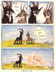 Size: 1076x1392 | Tagged: safe, artist:thefriendlyelephant, oc, oc only, oc:sabe, oc:uganda, comic:sable story, acacia tree, africa, animal in mlp form, antelope, bashful, blushing, cloud, cloven hooves, comic, cute, dialogue, dust, embarrassed, fwoosh, giant sable antelope, grass, horns, mountain, savanna, shipping, speech bubble, speed lines, surprised, traditional art
