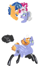 Size: 640x1071 | Tagged: safe, artist:frozensoulpony, character:flash sentry, character:limestone pie, character:pinkie pie, oc, oc:flame smith, parent:flash sentry, parent:limestone pie, parents:limesentry, species:pegasus, species:pony, clothing, female, latex socks, limesentry, male, mare, offspring, shipping, socks, straight, traditional art