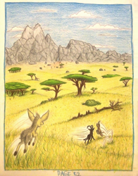 Size: 1080x1376 | Tagged: safe, artist:thefriendlyelephant, oc, oc only, oc:kekere, oc:sabe, oc:uganda, comic:sable story, acacia tree, africa, animal in mlp form, antelope, bush, cloud, cloven hooves, comic, dead tree, depth of field, dik dik, fluffy, giant sable antelope, giraffe, grassland, hill, horns, log, mountain, perspective, pronking, rhinoceros, rock, savanna, speed lines, traditional art, tree