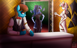 Size: 1280x806 | Tagged: safe, artist:elmutanto, character:princess celestia, character:princess luna, oc, oc:sure hoof, species:alicorn, species:anthro, species:earth pony, species:pony, series:sure hoof, alcohol, angry, casino, clothing, dress, evening gloves, floating wings, gloves, long gloves