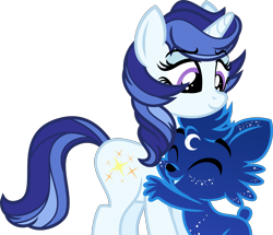 Size: 4000x3445 | Tagged: safe, artist:orin331, character:majesty, oc, oc:dipper, species:pony, species:unicorn, dancerverse, g1, g4, cute, duo, eyes closed, female, g1 to g4, generation leap, hug, male, mare, simple background, smiling, transparent background, ursa minimus, ursa minor