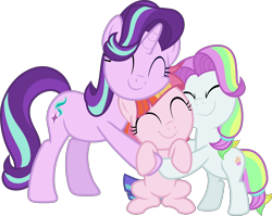 Size: 10220x8115 | Tagged: safe, artist:pink1ejack, character:coconut cream, character:starlight glimmer, character:toola roola, species:earth pony, species:pony, species:unicorn, episode:fame and misfortune, g4, my little pony: friendship is magic, :t, absurd resolution, c:, cheek squish, coconut cute, cute, dawwww, eyes closed, female, filly, hnnng, hug, mare, multicolored hair, roolabetes, simple background, smiling, squishy cheeks, transparent background, trio, trio female, vector, weapons-grade cute