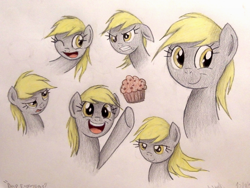 Size: 1440x1080 | Tagged: safe, artist:thefriendlyelephant, character:derpy hooves, species:pony, facial expressions, food, muffin, one eye closed, smiling, traditional art, windswept mane, wink