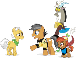 Size: 11388x8730 | Tagged: safe, artist:punzil504, character:button mash, character:discord, character:grand pear, character:quibble pants, species:draconequus, species:earth pony, species:pony, absurd resolution, colt, looking at each other, male, parasprite, simple background, smiling, stallion, star trek, transparent background, vector