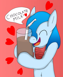 Size: 2616x3175 | Tagged: safe, artist:tacomytaco, oc, oc only, oc:shiver soft, species:pegasus, species:pony, bandana, belly button, bipedal, chocolate, chocolate milk, cute, dialogue, eyes closed, glass, happy, heart, male, milk, open mouth, simple background, solo, speech bubble, straw, tongue out