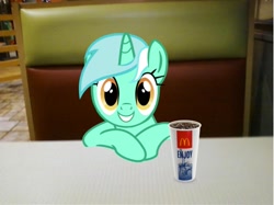 Size: 1037x777 | Tagged: safe, artist:jawsandgumballfan24, artist:kuren247, character:lyra heartstrings, species:pony, species:unicorn, cup, drink, irl, looking at you, mcdonald's, paper cup, photo, ponies in real life, sitting, smiling, soda, solo