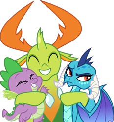 Size: 5368x5764 | Tagged: safe, artist:punzil504, character:princess ember, character:spike, character:thorax, species:changeling, species:dragon, species:reformed changeling, episode:triple threat, g4, my little pony: friendship is magic, absurd resolution, dragoness, female, hug, simple background, smiling, transparent background, vector