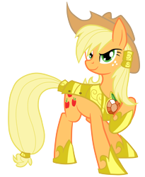 Size: 4105x5000 | Tagged: safe, artist:equestria-prevails, artist:jennieoo, character:applejack, species:earth pony, species:pony, absurd resolution, alternate hairstyle, armor, element of honesty, female, hair tie, looking at you, mare, raised hoof, simple background, smiling, solo, transparent background, vector