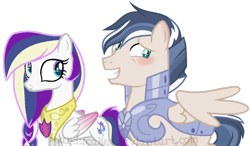Size: 1024x599 | Tagged: safe, artist:ipandacakes, oc, oc only, oc:euphony, oc:ice lance, parent:princess cadance, parent:shining armor, parents:shiningcadance, species:pegasus, species:pony, armor, blushing, colored wings, colored wingtips, crystal guard, crystal guard armor, female, male, mare, offspring, simple background, stallion, story included, transparent background
