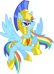 Size: 3562x4836 | Tagged: safe, artist:equestria-prevails, artist:jennieoo, character:rainbow dash, species:pegasus, species:pony, armor, element of loyalty, female, flying, helmet, long hair, looking at you, mare, simple background, smiling, solo, spread wings, transparent background, vector, wings