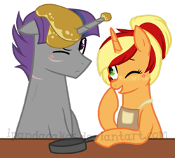 Size: 719x650 | Tagged: safe, artist:ipandacakes, base used, oc, oc only, oc:apple spritz, oc:crescendo, parent:applejack, parent:flim, parent:shadow lock, parent:twilight sparkle, parents:flimjack, species:pony, female, food, horn impalement, laughing, male, mare, offspring, pancakes, simple background, stallion, transparent background, watermark