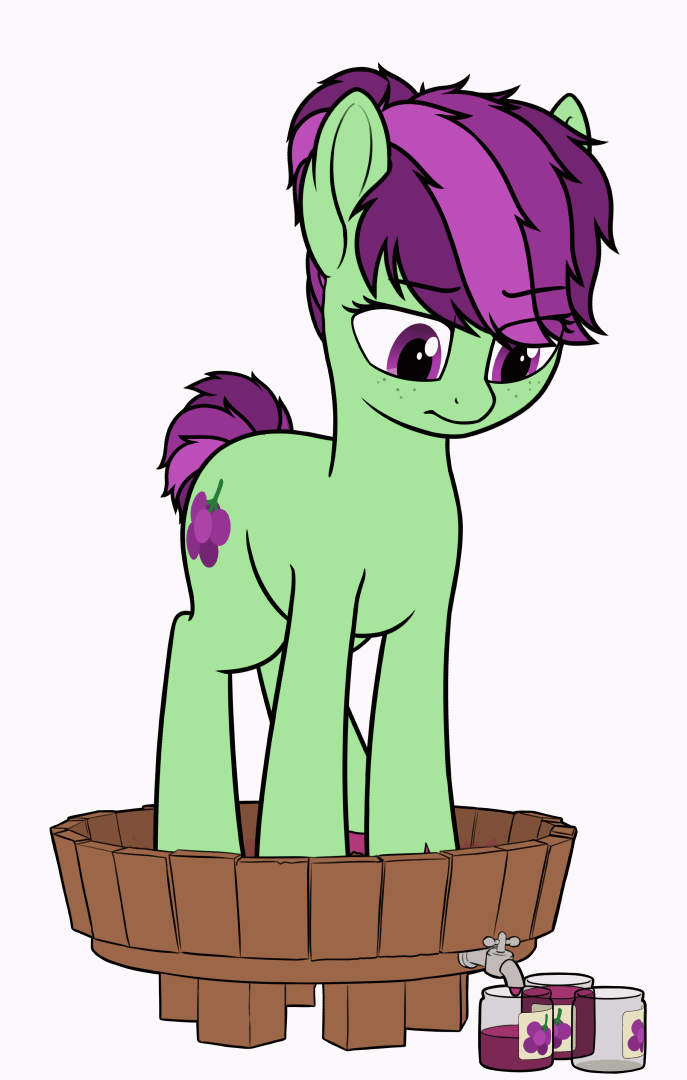 Size: 687x1080 | Tagged: safe, artist:zippysqrl, oc, oc only, oc:sour grapes, species:earth pony, species:pony, animated, bottle, bucket, cute, dripping, female, food, frame by frame, freckles, frown, gif, grape stomping, grapes, jar, lidded eyes, looking down, mare, ponytail, raised hoof, raised leg, simple background, solo, stomping, tub, white background
