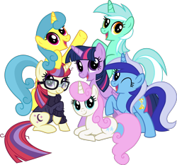 Size: 5000x4655 | Tagged: safe, artist:limedazzle, character:lemon hearts, character:lyra heartstrings, character:minuette, character:moondancer, character:twilight sparkle, character:twilight sparkle (alicorn), character:twinkleshine, species:alicorn, species:pony, species:unicorn, g4, absurd resolution, alternate mane six, canterlot six, counterparts, female, glasses, looking at you, mane six opening poses, mare, one eye closed, open mouth, simple background, smiling, transparent background, twilight's counterparts, vector, wink