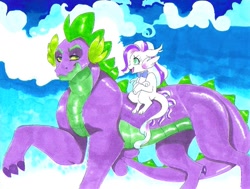 Size: 821x620 | Tagged: safe, artist:frozensoulpony, character:spike, oc, oc:lacy, parent:diamond tiara, parent:spike, parents:spiketiara, species:dracony, species:dragon, bow tie, father and daughter, female, hybrid, male, older, traditional art